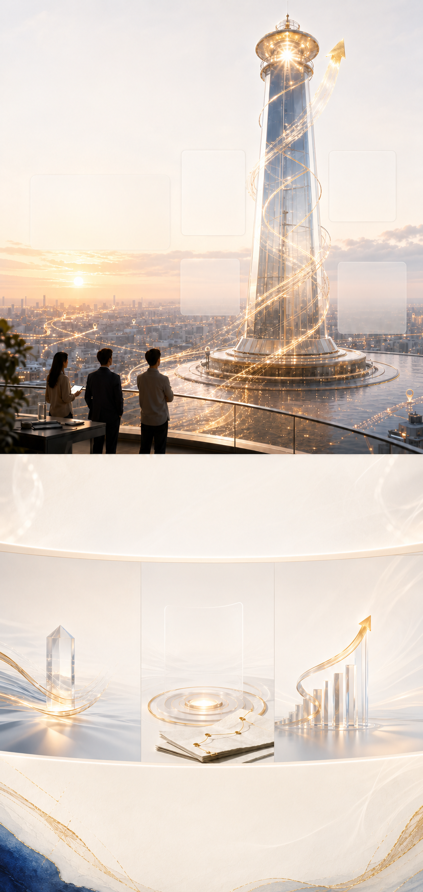 智盈运营主页首屏背景，包含灯塔、城市、金色增长光线、晶体和运营方法论视觉